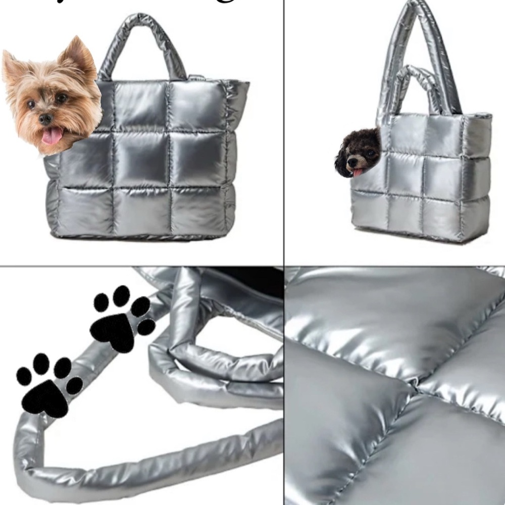 Silver Quilted Tote Bag carry on for medium small dogs